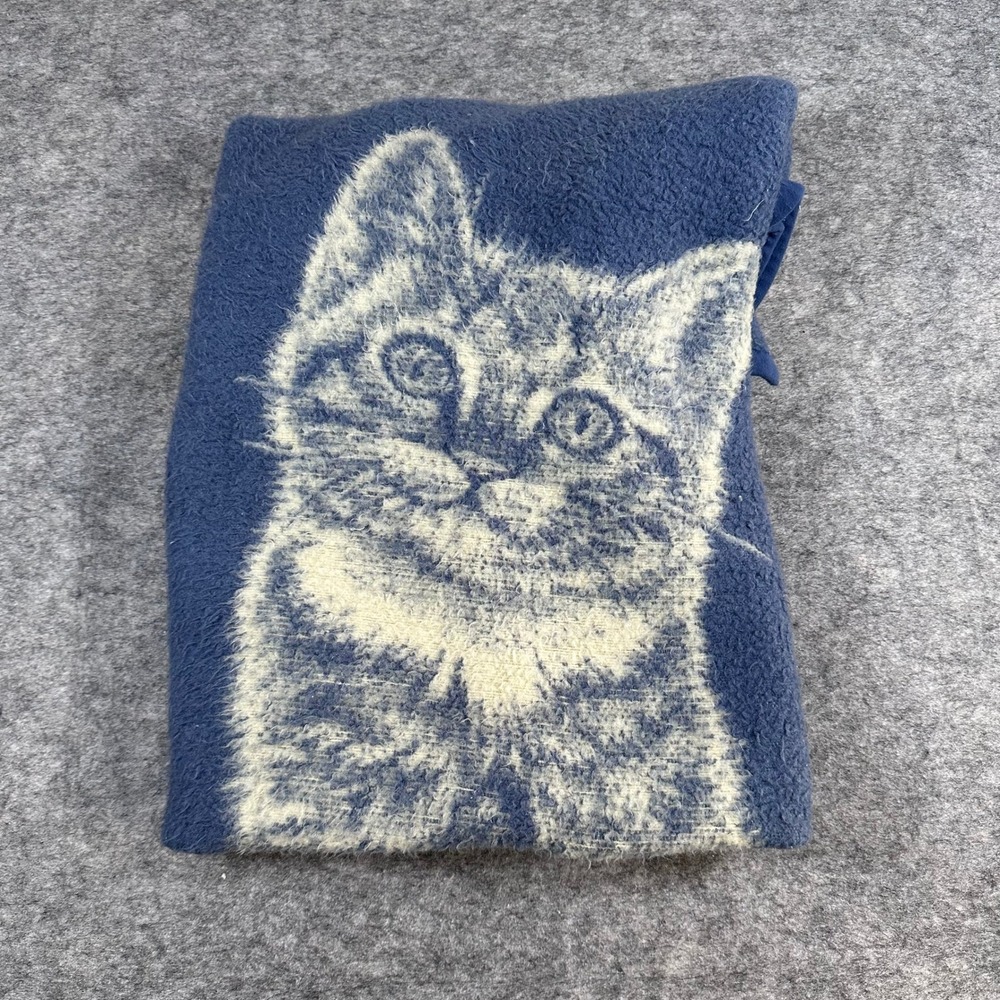 VTG Biederlack Cat Fleece Blanket‎ Throw Blue Cream Reversible Kitten 46x56